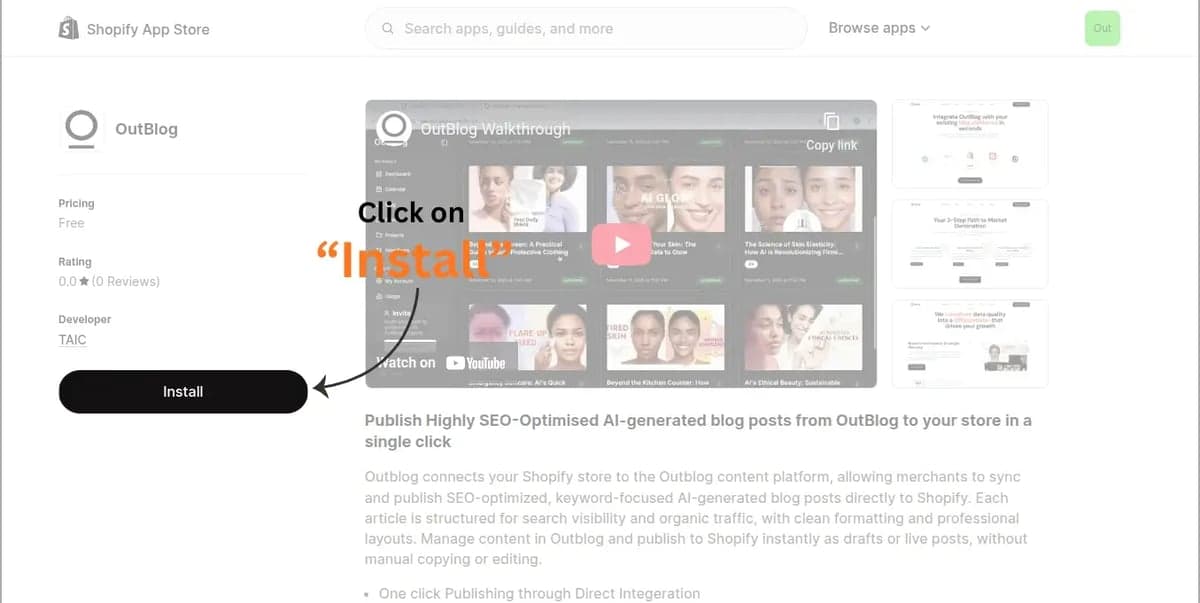 Outblog app listing in the Shopify App Store with the Install button