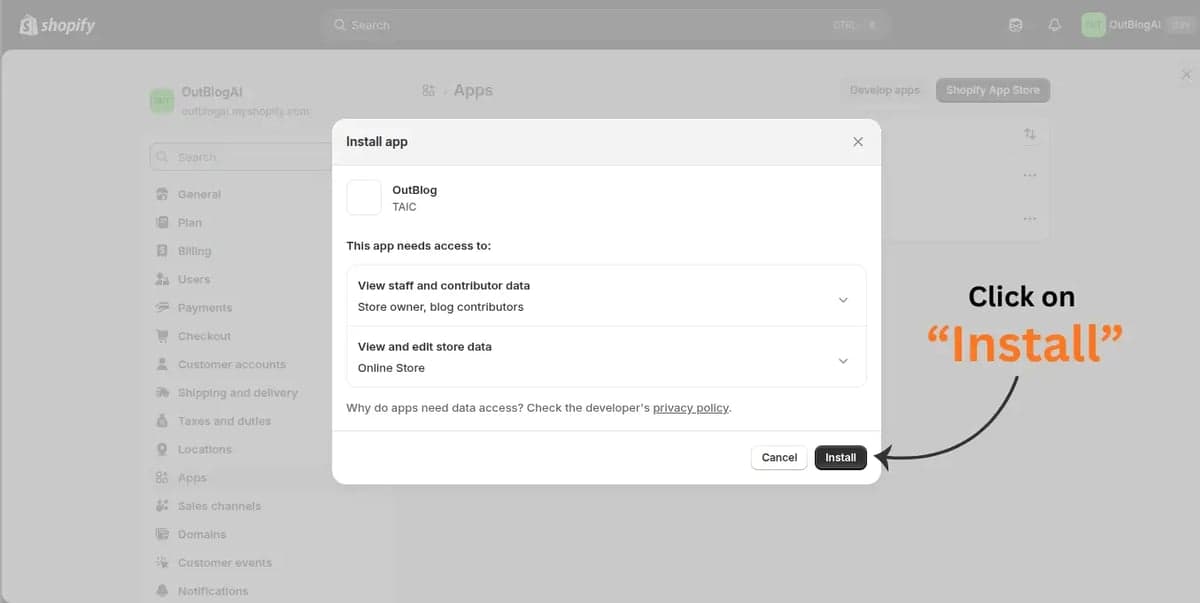 Shopify install app modal showing the final Install confirmation