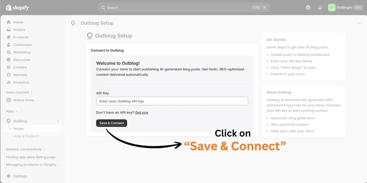 Outblog Setup screen inside Shopify with the Save and Connect button
