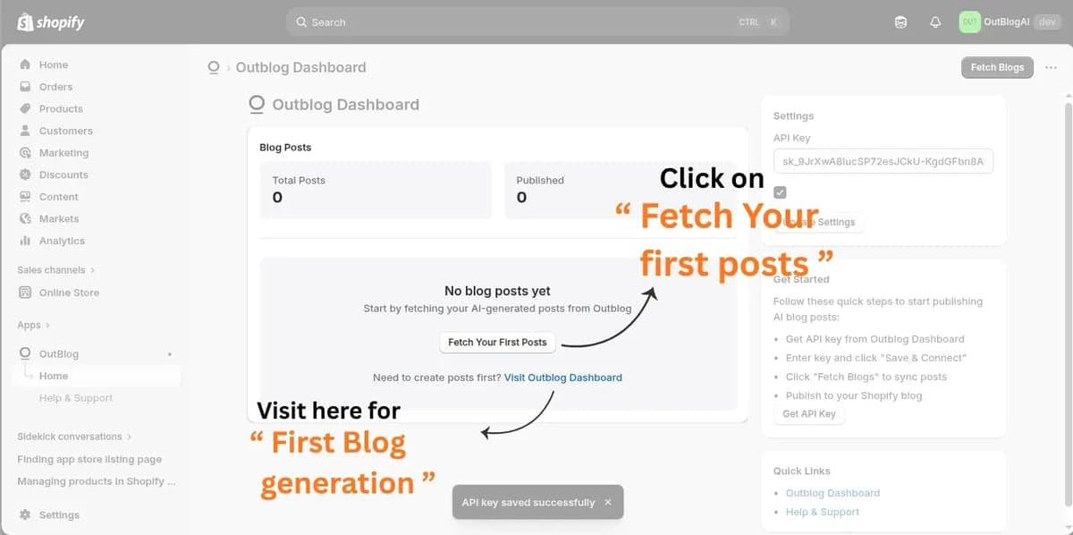 Outblog dashboard in Shopify showing the Fetch Your First Posts flow