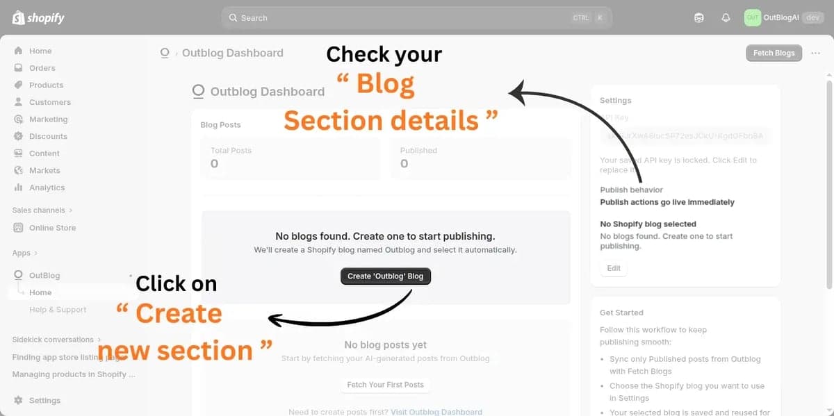 Outblog dashboard in Shopify showing the Create Outblog Blog option when no Shopify blog exists