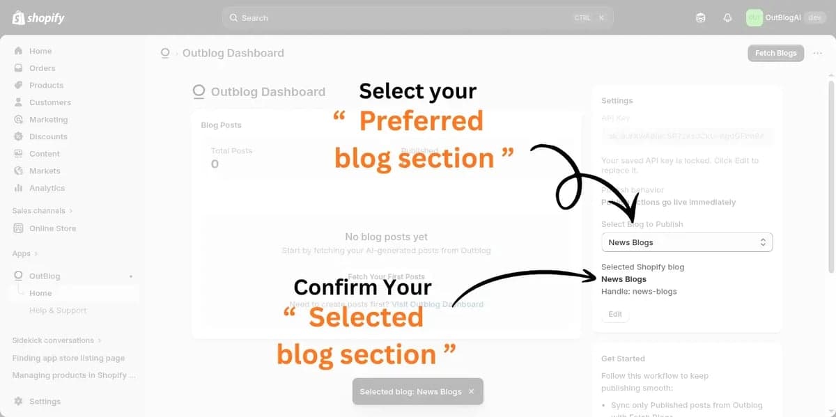 Outblog dashboard in Shopify showing the selected blog dropdown and confirmation in Settings