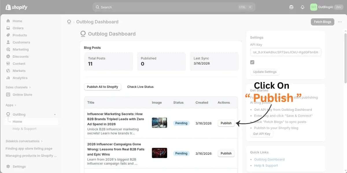 Outblog dashboard in Shopify showing the Publish button on synced posts