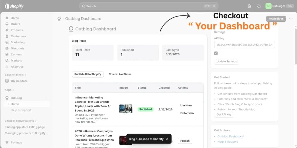 Outblog dashboard in Shopify showing a published article with live and editor view links